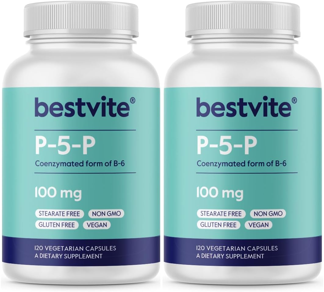 BESTVITE P-5-P 100mg (240 Vegetarian Capsules) (CoEnzymated Form of B-6) - No Stearates - Vegan - Non-GMO - Gluten-free - görsel 1