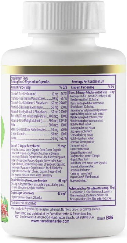 Paradise Herbs Earth's Blend B-Complex - Methylated B Vitamins with Superfoods, 60 Capsules