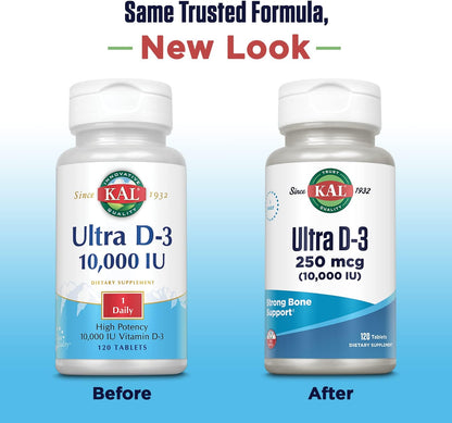 KAL Ultra Vitamin D3 10,000 IU (250 µg) - High Potency Vitamin D Tablets, Bone Health & Immune Support, 120 Rapid Disintegration ActivTabs