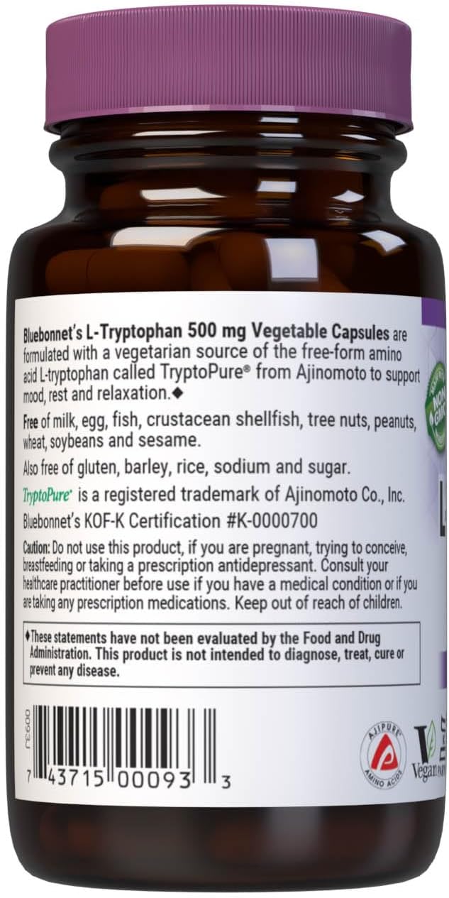 Bluebonnet L-Tryptophan 500 mg - 30 Vegetable Capsules - görsel 3