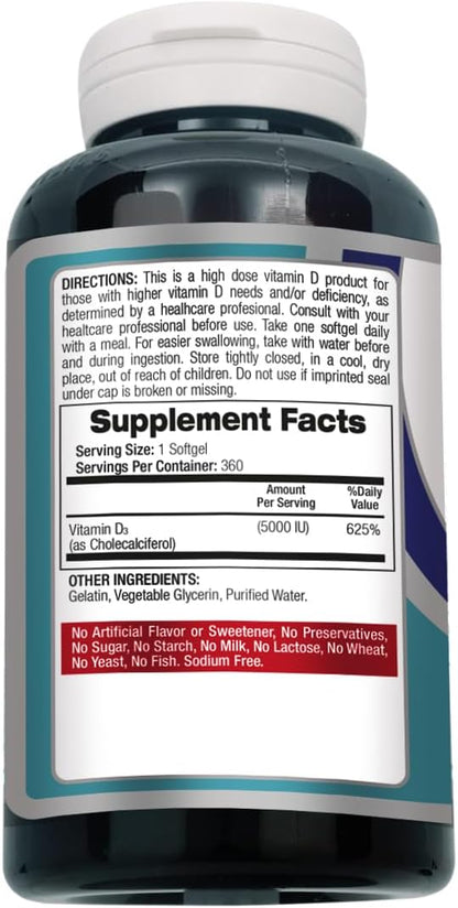 FITO MEDIC'S Vitamin D3 5000 IU - 360 Softgels for Immune and Bone Health Support