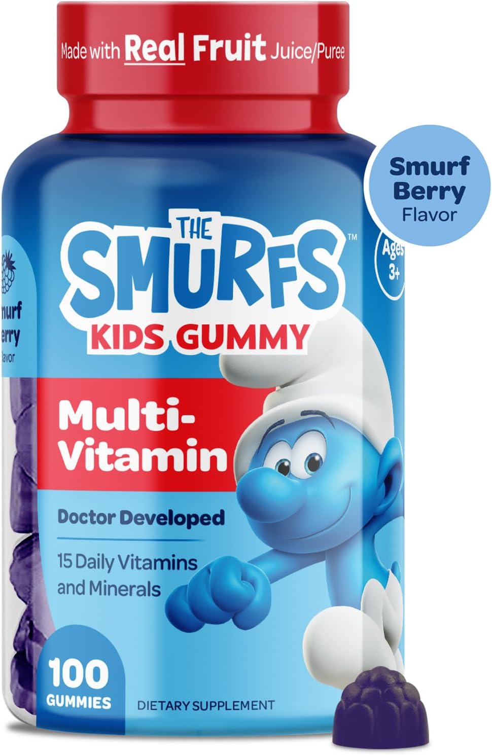 The Smurfs Children's Multivitamin Gummies with 15 Daily Vitamins and Minerals for Growth & Development | Made with Real Fruit in a Smurf Berry Flavour | Delicious, Doctor Developed & Non-GMO Formula | 100 Gummies - görsel 9