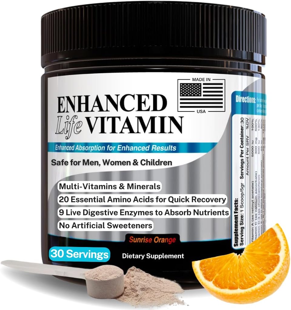 Enhanced Life Vitamin Powder - Cold Processed Multivitamin with Amino Acids & Digestive Enzymes for Energy, Mental Focus, & Nutrient Absorption - No Artificial Sweeteners - 30 Servings - Made in USA - görsel 1