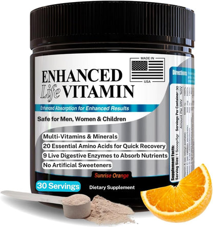 Enhanced Life Vitamin Powder - Cold Processed Multivitamin with Amino Acids & Digestive Enzymes for Energy, Mental Focus, & Nutrient Absorption - No Artificial Sweeteners - 30 Servings - Made in USA