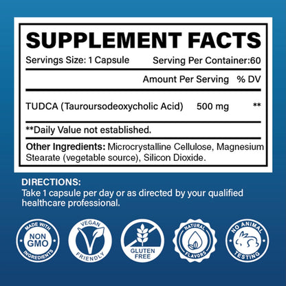 TUDCA 500mg Supplement – Liver and Gallbladder Support – Vegan, Gluten-free, Non GMO – 60 Capsules
