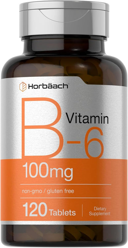 Horbaach Vitamin B6 100mg, 120 Tablets - Pyridoxine Hydrochloride - Vegetarian, Non-GMO and Gluten-free