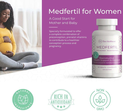 MedFertil Fertility Support Prenatal Vitamins with Myo Inositol, Folic Acid, Iron, Iodine, Biotin & B Vitamins – 30 Tablets