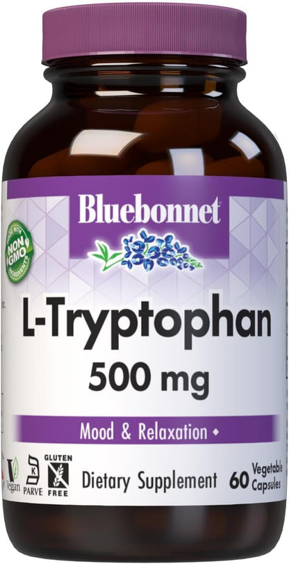 Bluebonnet Nutrition L-Tryptophan 500mg – Neurotransmitter Support, Soya-Free, Vegan – 60 Capsules