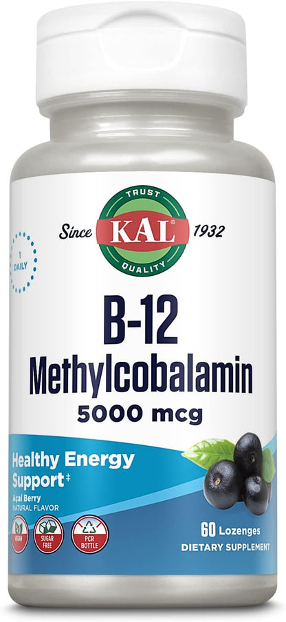 KAL Vitamin B-12 Methylcobalamin Lozenges, 5000 mcg, Natural Acai Flavour, 60 Lozenges