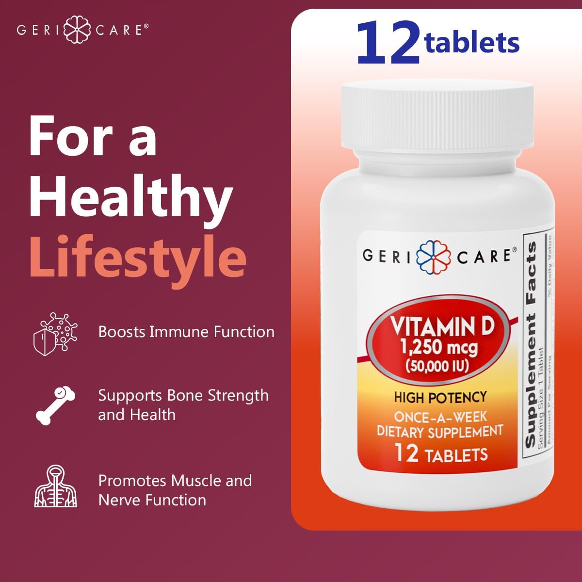 GeriCare Vitamin D 1,250 mcg (50,000 IU) High Potency – Once-A-Week Food Supplement, 12 Capsules - görsel 2