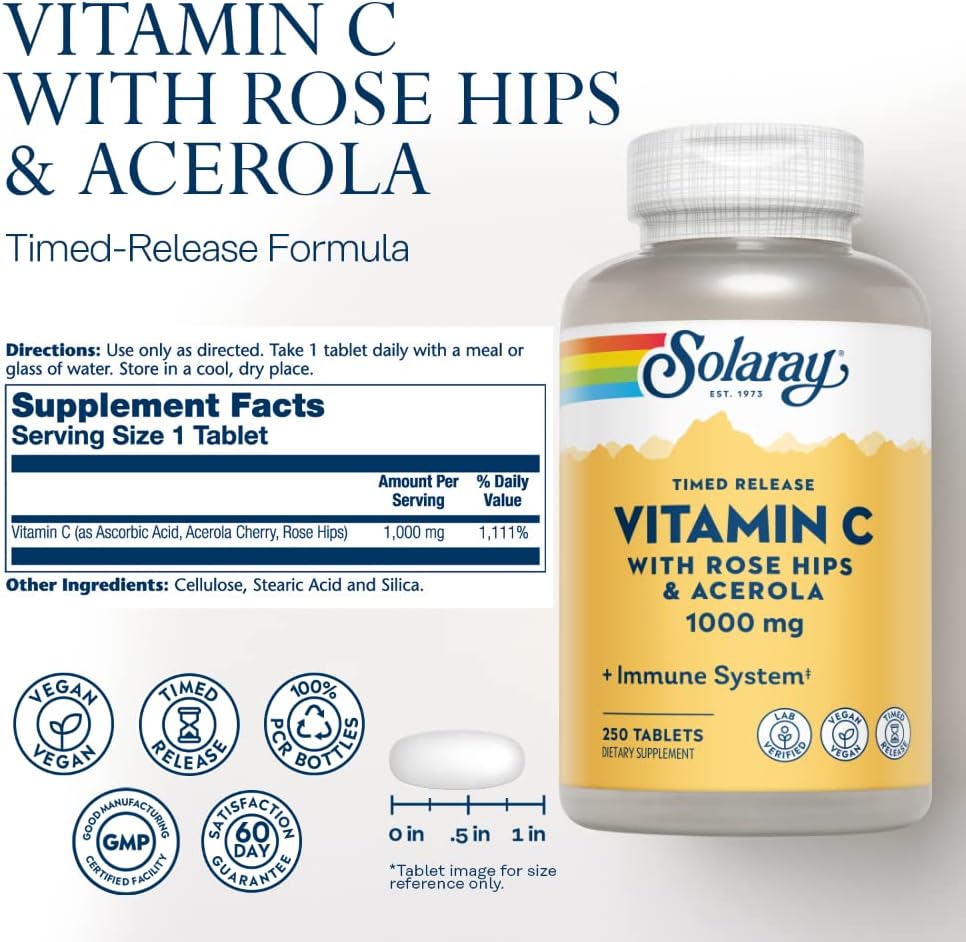 SOLARAY Vitamin C with Rose Hips & Acerola, 1000mg, Two-Stage Timed-Release, 250 Tablets - görsel 2