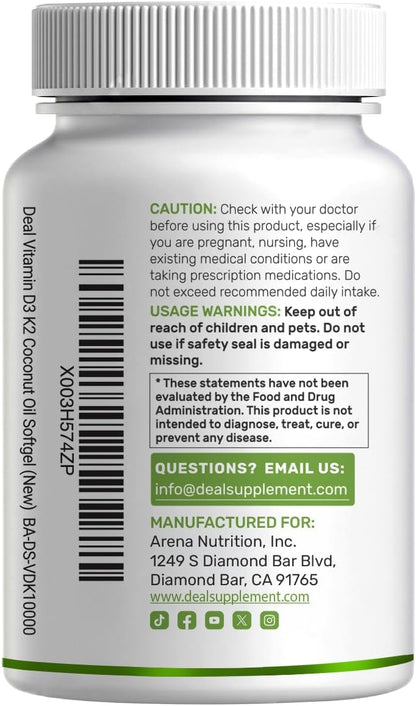 DEAL SUPPLEMENT Vitamin D3 10,000 IU with K2 MK7 200mcg Softgels, 250 Count