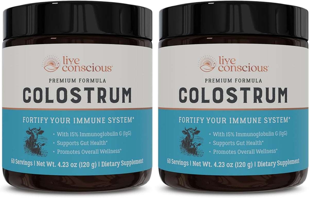 Live Conscious Colostrum Powder – Grass Fed Bovine Colostrum Supplement with Lactoferrin – Immune System Support (Twin Pack) - görsel 1