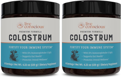 Live Conscious Colostrum Powder – Grass Fed Bovine Colostrum Supplement with Lactoferrin – Immune System Support (Twin Pack)