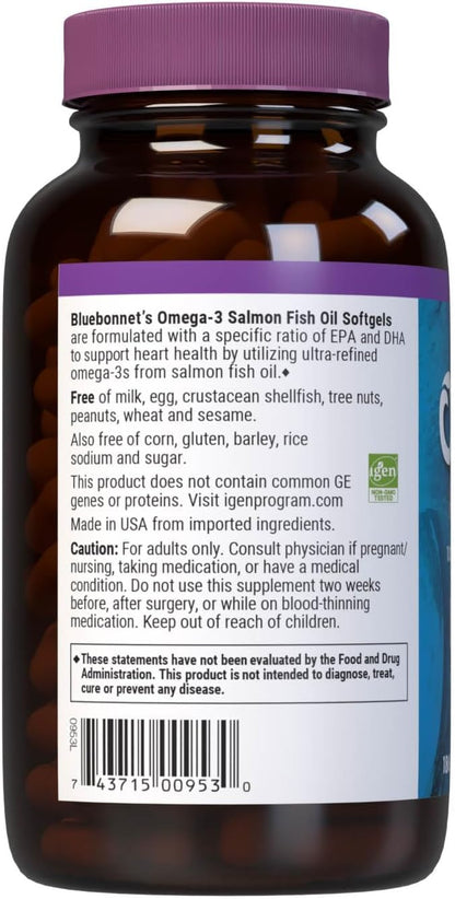 BlueBonnet Omega 3 1000mg Salmon Oil - EPA DHA Essential Fatty Acids - Heart Health Supplement for Women and Men - Molecularly Distilled, Triglyceride Form - 180 Softgels