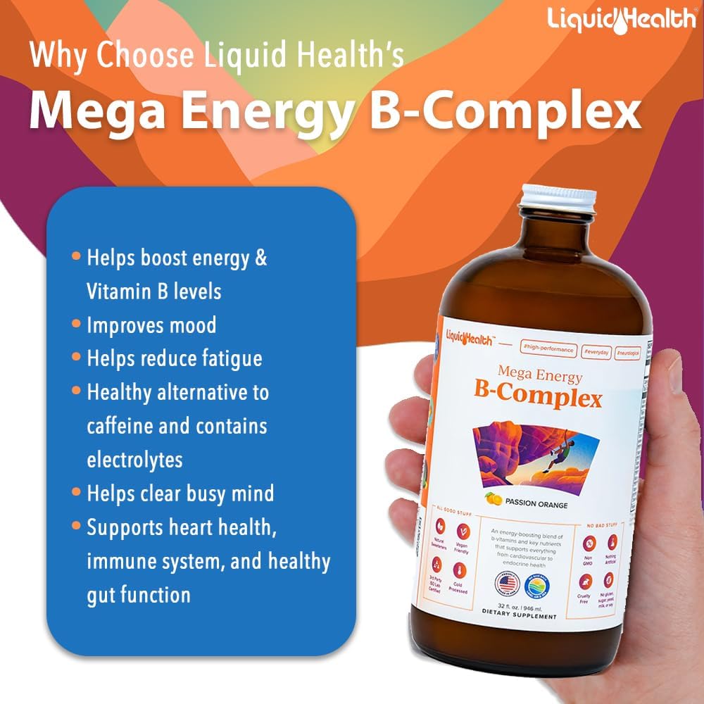 LIQUIDHEALTH Mega Energy Methylated B-Complex, Adult Liquid Vitamin Supplement - Boosts Energy, Relieves Stress and Fatigue, Immune Support, Heart and Gut Health - Made in USA, Vegan, Sugar-Free (3 Pack) - görsel 3