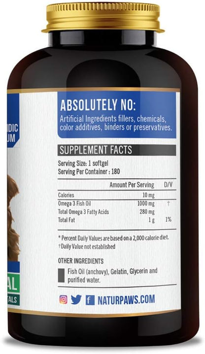 NaturPAWS Omega-3 Fish Oil Food Supplement for Dogs and Cats – 1000 mg Pure DHA and EPA Omega-3s – 180 Softgels