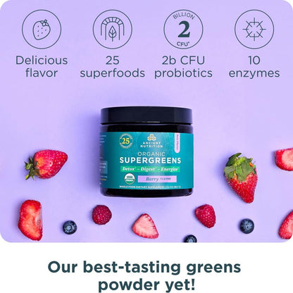 Ancient Nutrition SuperGreens Powder with Probiotics - Organic Berry Flavour, 12 Servings