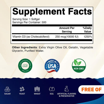 Vitamatic Vitamin D3 10,000 IU (250 mcg) - 500 Soft gel capsules, Cold-Pressed Olive Oil Base, Non-GMO, Gluten-free