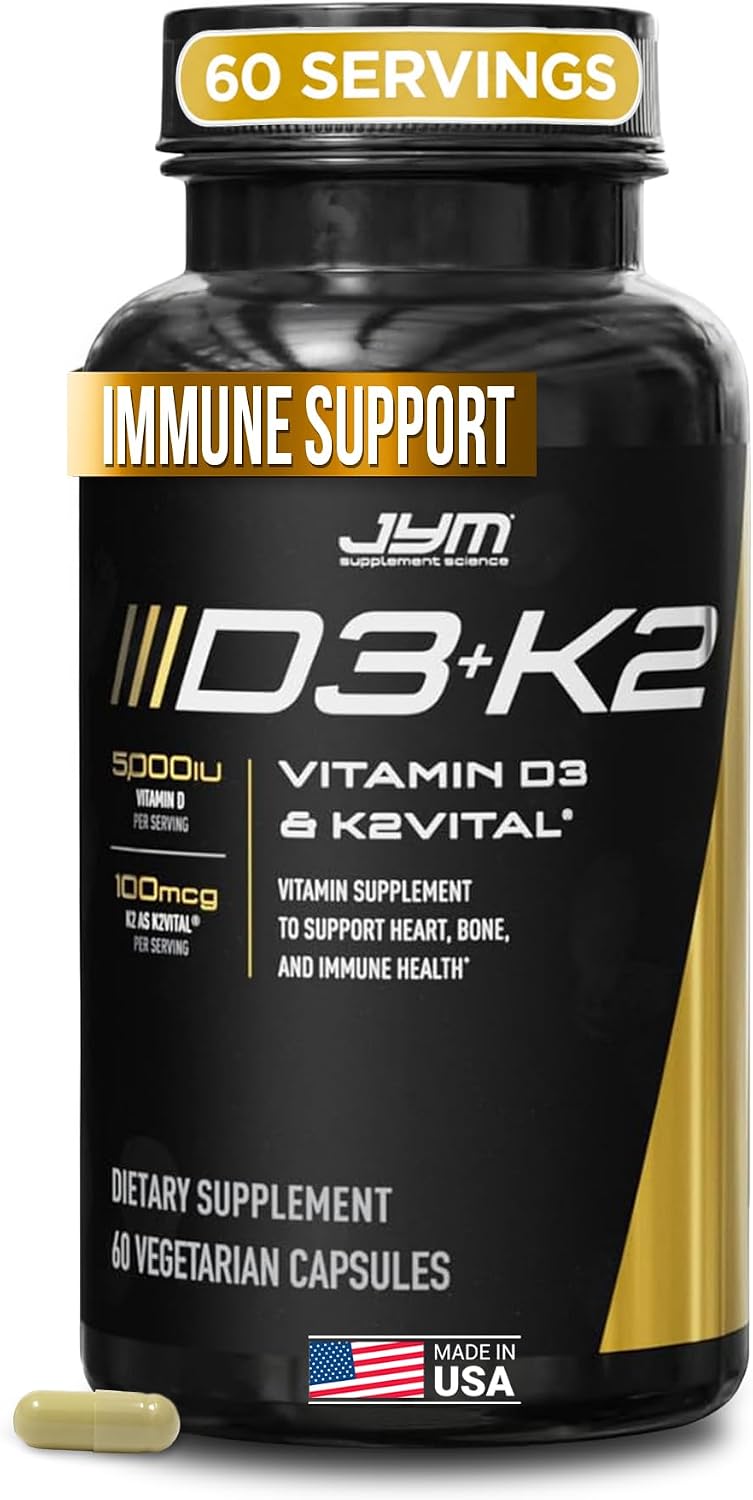JYM D3 + K2 Supplement with 5000 IU D3 and 100 mcg of Vitamin K2 as MK7 - Bone and Immune System Health for Men & Women, Enhanced Calcium Absorption - 60 Vegetarian Capsules - görsel 1