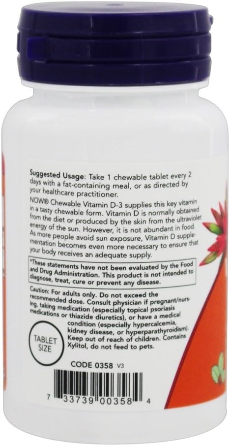 NOW Foods Vitamin D3 5000 IU Chewable, Mint, 120 Tablets - görsel 3