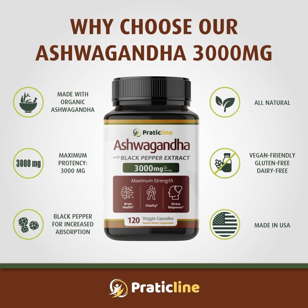 PRATIC LINE Ashwagandha Capsules 3000 mg - 120 Vegan Capsules, Organic Root Powder & Extract, Gluten-free, Made in USA - görsel 3