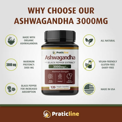 PRATIC LINE Ashwagandha Capsules 3000 mg - 120 Vegan Capsules, Organic Root Powder & Extract, Gluten-free, Made in USA