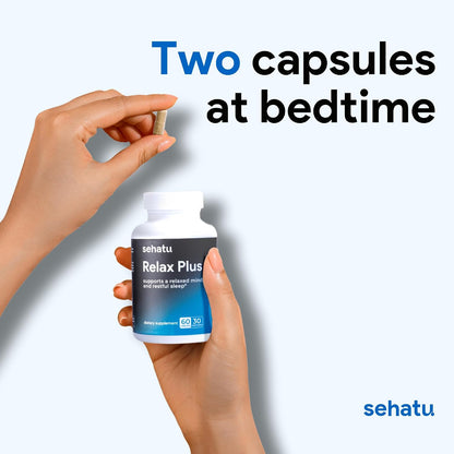 SEHATU Relax Plus Stress Relief Supplement | with GABA, L-Theanine, Ashwagandha, Valerian Root | Promotes Relaxation & Restful Sleep | 60 Capsules