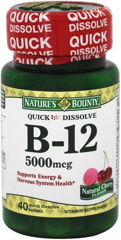 Nature's Bounty B-12 5000 mcg Quick Dissolve Tablets, Natural Cherry Flavour, 40 Count (Pack of 2)