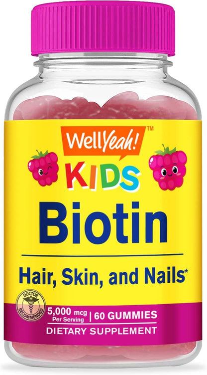 WellYeah Biotin Gummies for Kids 5000 mcg - Supports Hair, Skin and Nails - Natural Flavours - GMO Free, Gluten-free - Gummy for Boys and Girls - 60 Count