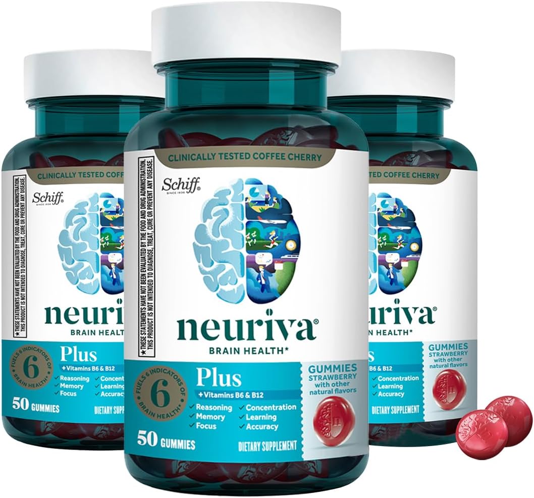 NEURIVA Plus Decaff Nootropic Brain Supplement Gummies, Strawberry, 50 Count (Pack of 3) - görsel 1