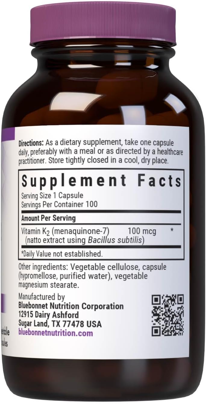 Bluebonnet Nutrition Vitamin K2 Supplement 100 mcg Daily Vit K2 MK7 for Bone and Clotting Support* - Vegan, Non-GMO, Dairy-Free, Gluten-Free - 100 Vegetable Capsules - görsel 2