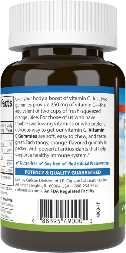 Carlson - Vitamin C Gummies, 250 mg, Immune Support & Antioxidant Power, Orange, 60 Vegetarian Gummies