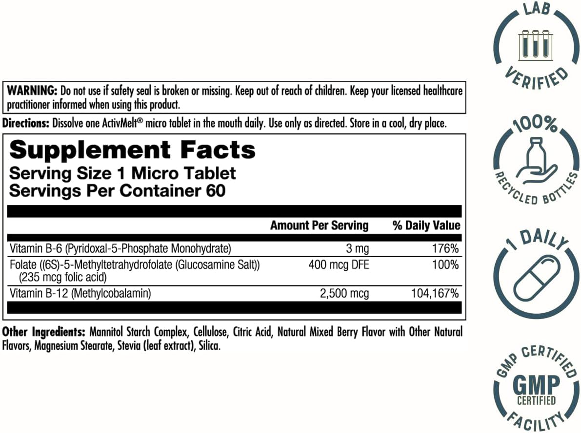 KAL Vitamin B-6 B-12 Methyl Folate ActivMelt - 60 Micro Tablets - görsel 2