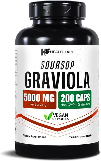 Healthfare Graviola Soursop Extract 5000mg | Annona Muricata | 200 Vegan Capsules | High Potency Leaf & Fruit Blend | Non-GM | Gluten-Free