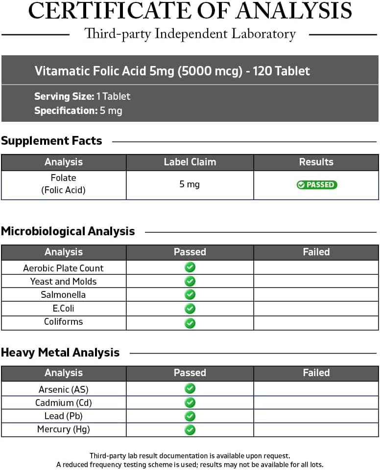 Vitamatic Folic Acid 5 mg (5000 mcg) - High Strength Vitamin B9 (Folate 8333 mcg DFE) - 120 Vegetarian Tablets - görsel 3