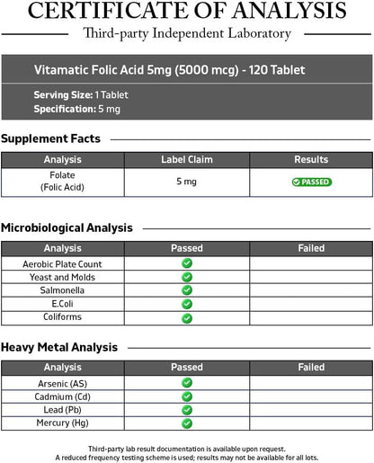 Vitamatic Folic Acid 5 mg (5,000 mcg) - 240 Vegetarian Tablets (2 Pack of 120)