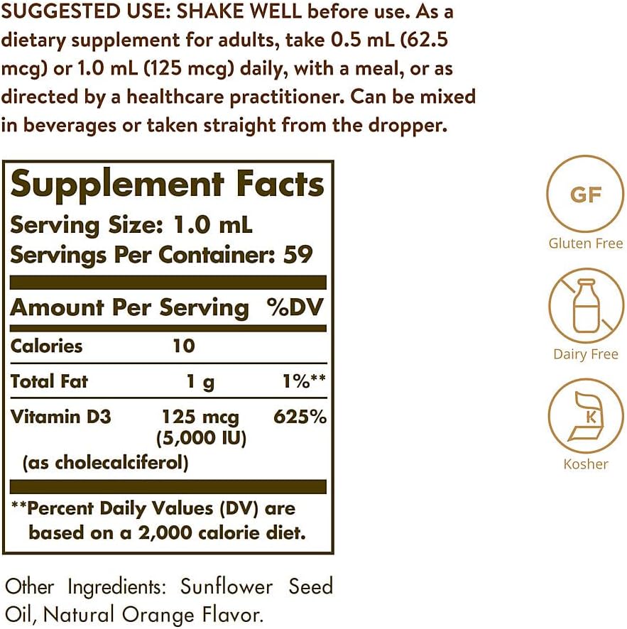 Solgar Liquid Vitamin D3 125 mcg (5,000 IU), 59 ml - Natural Orange Flavour - görsel 3
