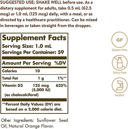 Solgar Liquid Vitamin D3 125 mcg (5,000 IU), 59 ml - Natural Orange Flavour