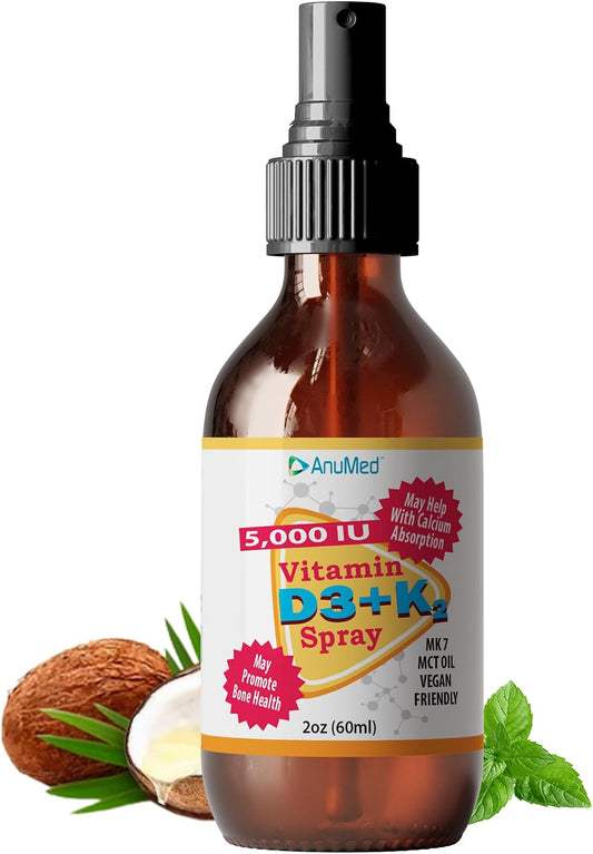 Vitamin D3 K2 5,000 IU Liquid Spray with Organic MCT Oil, Vitamin A (Retinol) 1250mcg, K2 (MK4, MK7) – Promotes Heart, Bones, Immune System – 100% Vegan, Non-GMO, No Sugar Added (60ml, Peppermint)
