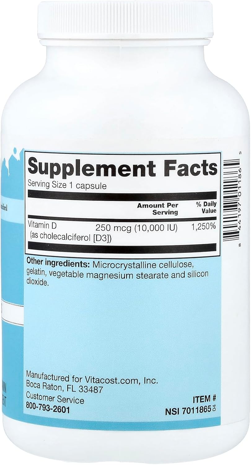 Vitacost Vitamin D3, 250 mcg (10,000 IU), 365 Capsules - görsel 2