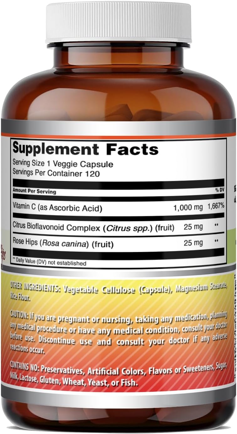 Amazing Formulae Vitamin C (Ascorbic Acid) 1000 mg with Rose Hips & Citrus Bioflavonoids - 120 Veggie Capsules - görsel 5