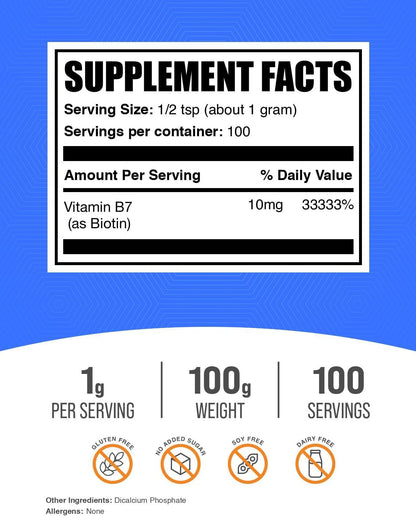 BulkSupplements.com Biotin 10,000mcg Powder – Vitamin B7 Supplement
