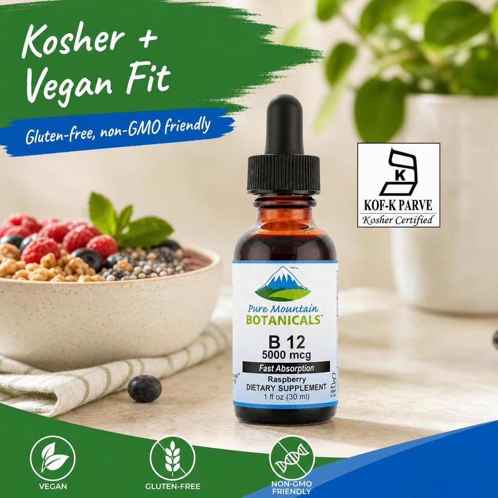 Pure Mountain Botanicals B12 5000 mcg Liquid Drops - Natural Berry Flavour - Vegan, Kosher B12 Supplement - görsel 7