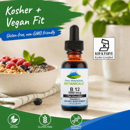 Pure Mountain Botanicals B12 5000 mcg Liquid Drops - Natural Berry Flavour - Vegan, Kosher B12 Supplement