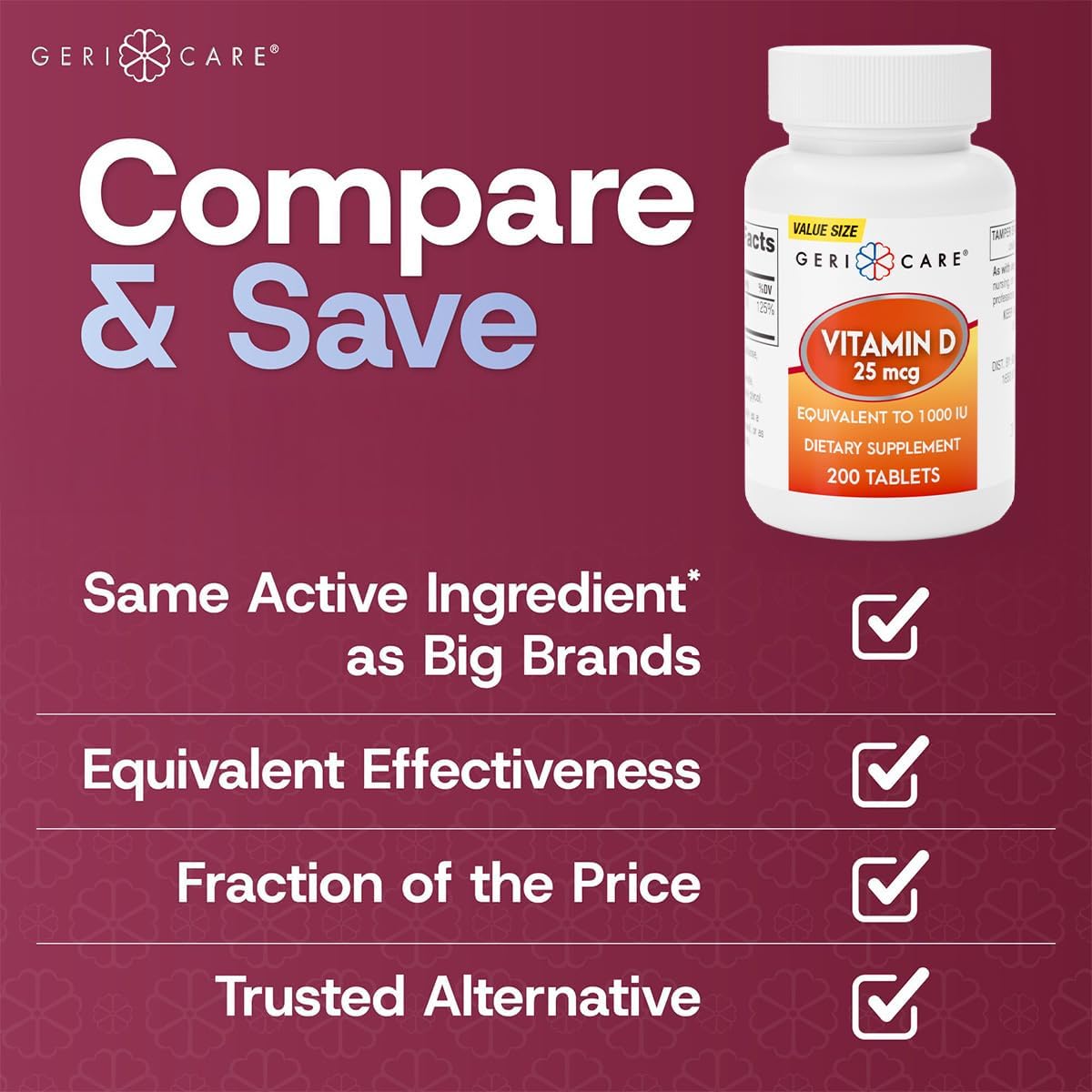 GeriCare Vitamin D-3 25 mcg (1,000 IU) – Supports Normal Bones, Immune System & Muscle Function – 200 Tablets - görsel 2