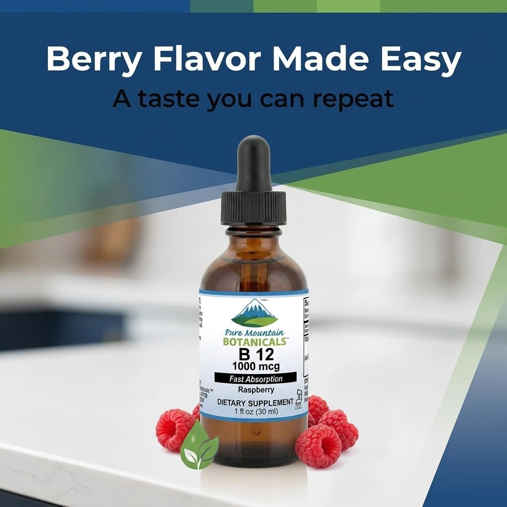 Pure Mountain Botanicals B12 1000 mcg - B12 Complex - Natural Berry Flavour - 30 Servings - Liquid Drops Vitamin - Kosher Supplement - görsel 5