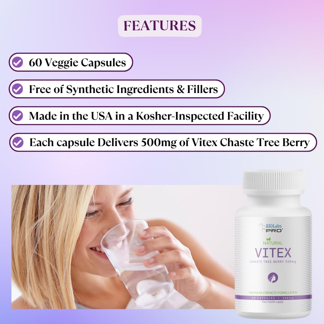 BIOLABS PRO Vitex Chasteberry Supplement - 500mg per Capsule, 60 Capsules (2-Month Supply) - görsel 3