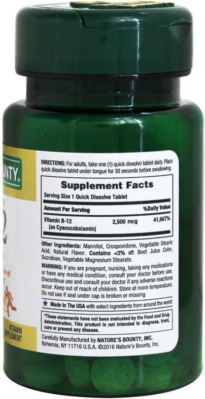 Nature's Bounty Vitamin B12 Sublingual 2500 mcg Tablets, Natural Cherry – 75 Tablets (Pack of 9)