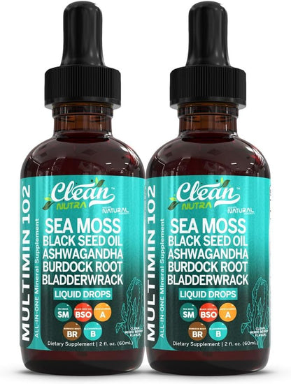 Clean Nutra Organic Sea Moss Drops | with Black Seed Oil, Ashwagandha, Burdock Root & Bladderwrack - Vegan Multimineral Liquid for Gut Health, Energy, Skin, Immune Support & Hair